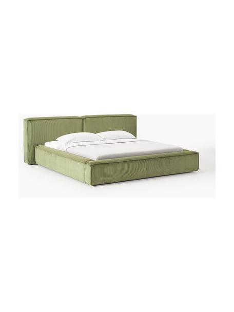 Čalouněná postel z manšestru s úložným prostorem Lennon, Olivově zelená, Š 248 cm, D 243 cm (plocha k ležení 180 cm x 200 cm)