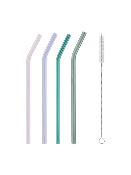 Sada skleněných brček s kartáčkem Long Drink, 4 díly, Borosilikátové sklo, Růžová, fialová, tyrkysová, stříbrná, D 24 cm