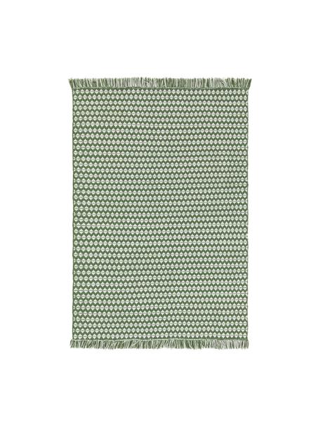 In- & outdoor vloerkleed Morty met franjes, 100% polyester (gerecycled PET), Groen, Off White, B 80 x L 150 cm (maat XS)