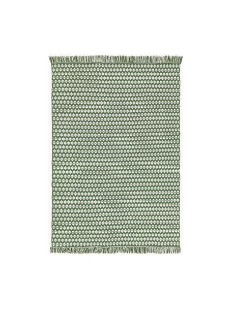 Tappeto da interno-esterno con frange Morty, 100% poliestere (PET riciclato), Verde scuro, bianco latte, Larg. 160 x Lung. 230 cm (taglia M)