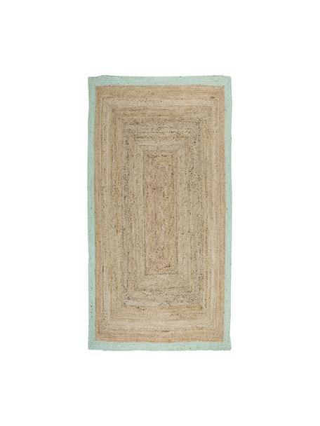 Tappeto in juta fatto a mano con bordo verde menta Shanta, 100% juta, Juta, verde menta, Larg. 80 x Lung. 150 cm (taglia XS)