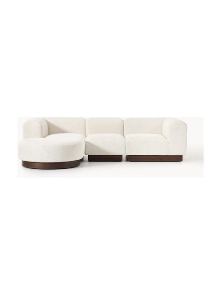 Modulares Sofa Natalie (3-Sitzer) aus Teddy-Bouclé mit Hocker, Bezug: Teddy-Bouclé (100 % Polye, Gestell: mitteldichte Holzfaserpla, Sockel: Massives Buchenholz, lack, Teddy-Bouclé Off White, dunkles Buchenholz, B 283 x T 197 cm