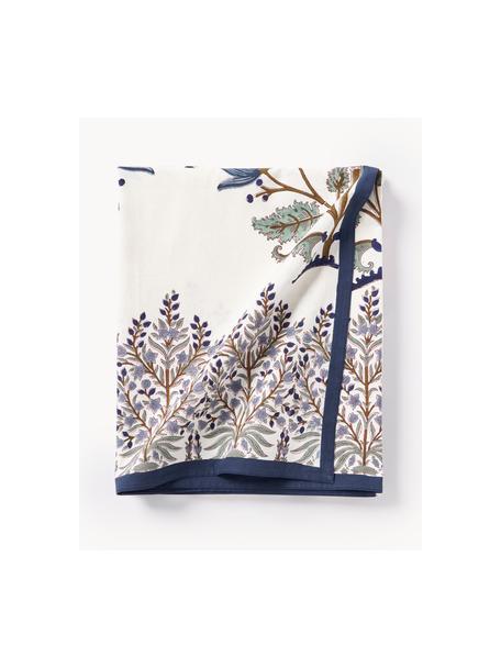 Mantel de algodón estampado floral Flora, 100% algodón, Azul oscuro, marrón, verde oliva, Off White, De 8 a 10 comensales (An 170 x L 300 cm)