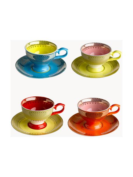 Espressokopjes Grandma met schoteltjes, set van 4, Porselein, Lichtgeel, oranje, blauw, roze, Ø 8 x H 6 cm, 90 ml