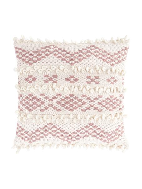 Federa arredo boho con ornamenti decorativi Paco, 80% cotone, 20% lana, Ecru, rosa cipria, Larg. 45 x Lung. 45 cm