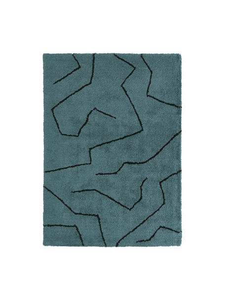 Alfombra artesanal de pelo largo Davin, Parte superior: 100% poliéster-microfibra, Reverso: poliéster reciclado, Azul petróleo, negro, An 80 x L 150 cm (Tamaño XS)