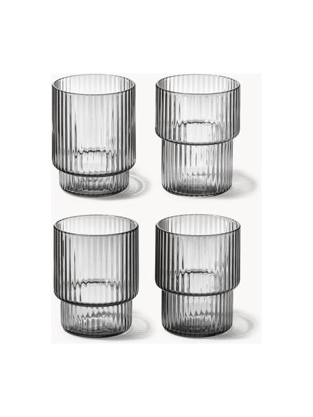 Vasos de agua soplados con relieves Ripple, 4 uds., Vidrio soplado artesanalmente, Gris transparente brillante, Ø 5 x Al 6 cm, 60 ml