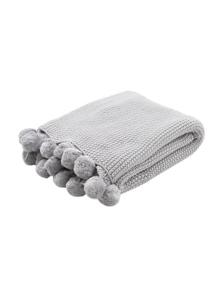 Coperta a maglia color grigio con pompon Molly, 100% cotone, Grigio, Larg. 130 x Lung. 170 cm