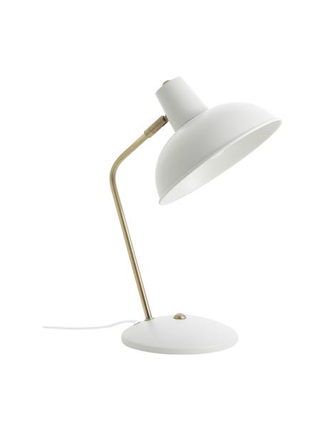 Retro-Schreibtischlampe Hood in Weiß, Lampenschirm: Metall, lackiert, Lampenfuß: Metall, lackiert, Weiß, Messingfarben, B 20 x H 38 cm