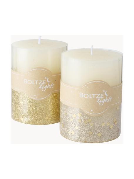 Set de velas pilar Praga, 2 uds., Cera, Beige, dorado, Ø 7 x Al 9 cm
