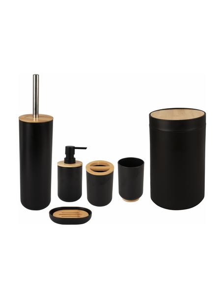 Set 6 accessori bagno color nero Decent, Contenitore: polipropilene, Coperchio: bambù, Nero, legno chiaro, Set in varie misure