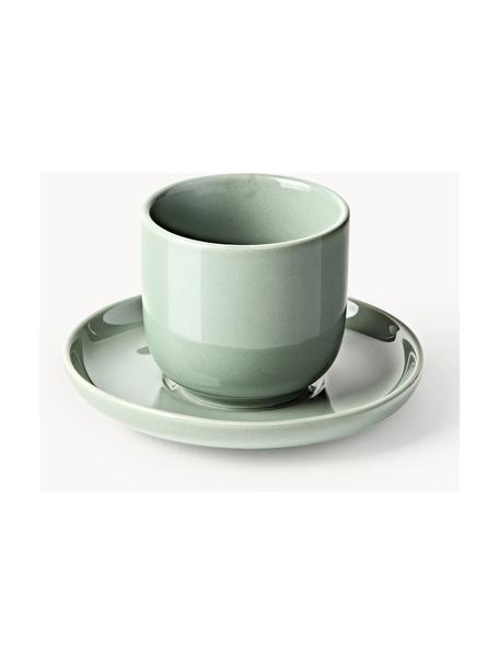 Tazas de café espresso con platitos de porcelana Nessa, 4 uds., Porcelana dura de alta calidad, Verde salvia brillante, Ø 7 x Al 6 cm, 90 ml
