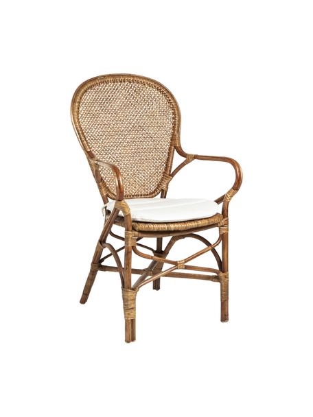 Silla con reposabrazos Miel, Estructura: madera de ratán pintada, Asiento: algodón, Tejido blanco, ratán, An 55 x L 96 cm