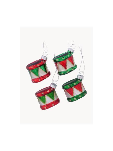 Kerstboomhangersset Drummy, set van 4, Gelakt glas, Groen, rood, B 6 x H 5 cm