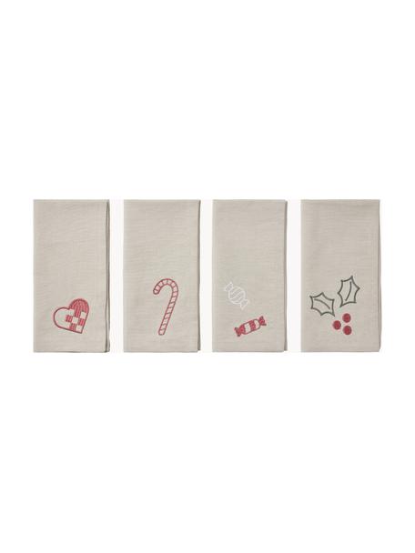 Serviettes de table en coton Bomuld, 4 élém., 100 % coton, Gris clair, rouge, larg. 45 x long. 45 cm