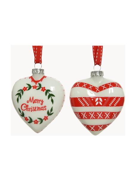Adornos navideños Hearts, 4 uds., Figura: vidrio, Rojo, blanco, verde, Ø 8 x Al 8 cm