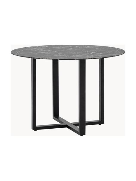 Mesa de comedor redonda Connolly, tablero de vidrio en aspecto mármol, Ø 110 cm, Tablero: vidrio tintado negro, Patas: metal recubierto, Aspecto mármol negro, negro, Ø 110 cm