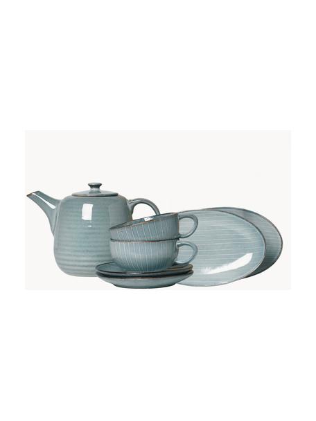 Servicio de té artesanal Nordic Vanilla, 2 comensales (7 pzas.), Cerámica con esmalte reactivo, Azul grisáceo jaspeado, 2 comensales (7 pzas.)