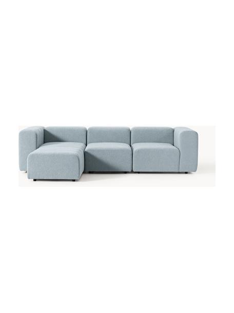 Modulares Bouclé-Sofa Lena (4-Sitzer) mit Hocker (links/rechts), Bezug: Bouclé (93 % Polyester, 6, Gestell: Buchenholz, Spanplatte, H, Füße: Kunststoff, Bouclé Hellblau, B 287 x T 181 cm