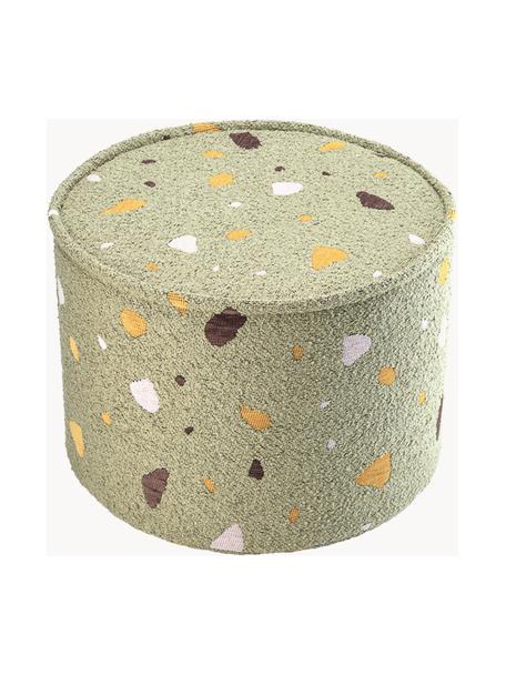 Handgefertigter Kinder-Pouf Sugar aus Bouclé, Ø 40 cm, Bouclé Olivgrün, Terrazzo-Optik, Ø 40 x H 25 cm