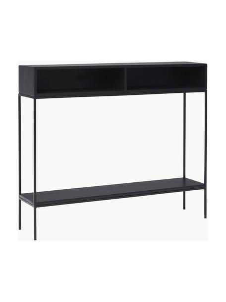 Massief hout wandtafel Lyle met open vakken, Frame: gepoedercoat metaal, Zwart, B 105 x H 89 cm