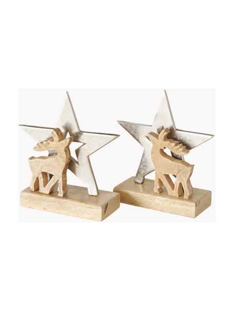 Décorations de Noël faites main Runlow, 2 élém., Bois de manguier, aluminium, enduit, Bois clair, argenté, larg. 16 x haut. 18 cm
