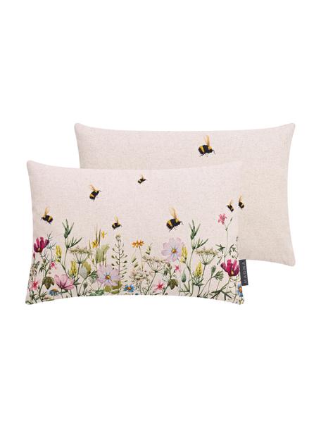 Dubbelzijdige kussenhoes Biene met bloemen motief, 85% katoen, 15% linnen, Beige, multicolour, B 30 x L 50 cm