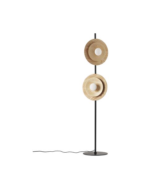 Verstelbare vloerlamp Kira van essenhout, Decoratie: 100% essenhout, Zwart, helder hout, Ø 9 x H 145 cm