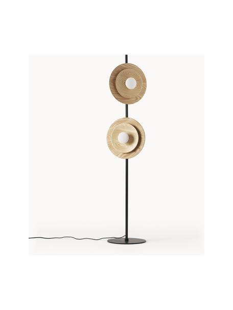 Lámpara de pie orientable de madera de fresno Zadie, Estructura: metal con pintura en polv, Cable: plástico, Negro, madera de fresno, Ø 9 x Al 145 cm