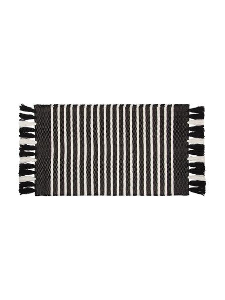 Gestreifter Badvorleger Stripes & Structure mit Fransenabschluss, 100% Baumwolle, Anthrazit, gebrochenes Weiß, B 60 x L 100 cm