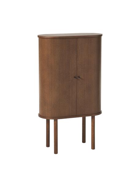 Highboard Calary met geribde voorzijde, Frame: MDF en multiplex met eike, Poten: massief eikenhout, FSC-ge, Handvatten: geborsteld metaal, Walnoothout optiek, B 75 x H 130 cm