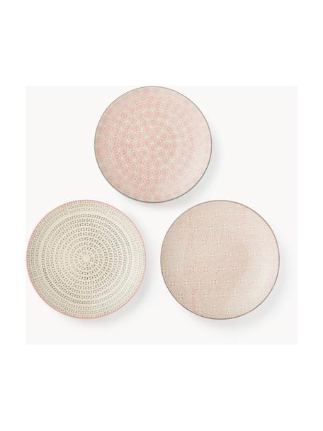 Platos postre pintados a mano con estampado divertido Cécile, 3 uds., Gres, Tonos beige y rosas, Ø 20 cm