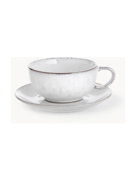 Handgemachte Teetasse Nordic Sand mit Untertasse, Steingut, Hellgrau, gesprenkelt, Ø 11 x H 5 cm, 250 ml