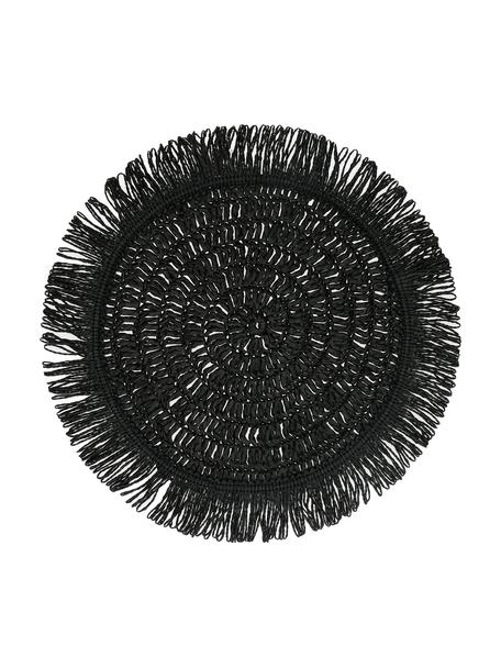 Zwarte ronde placemats Gyula met franjes uit papiervezels, 2 stuks, Papiervezels, Zwart, Ø 40 cm