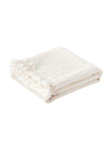 Coperta in cotone con frange Piera, 100% cotone, Bianco crema, Larg. 140 x Lung. 180 cm