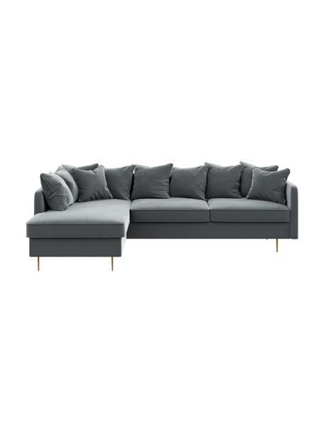 Divano angolare 4 posti in velluto Esme, Rivestimento: 100% velluto di poliester, Struttura: legno duro, legno morbido, Piedini: metallo rivestito, Velluto grigio acciaio, ottonato, Larg. 255 x Prof. 165 cm, chaise-longue a sinistra