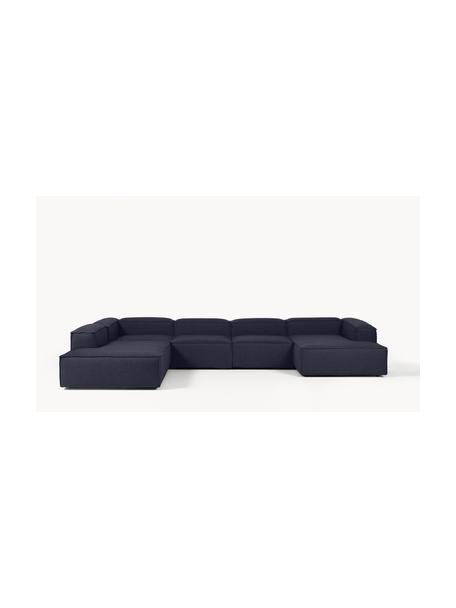 Divano angolare componibile Lennon, Rivestimento: 100% poliestere Con 115.0, Struttura: legno di pino massiccio, , Piedini: plastica, Tessuto blu scuro, Larg. 418 x Prof. 269 cm, chaise longue a sinistra