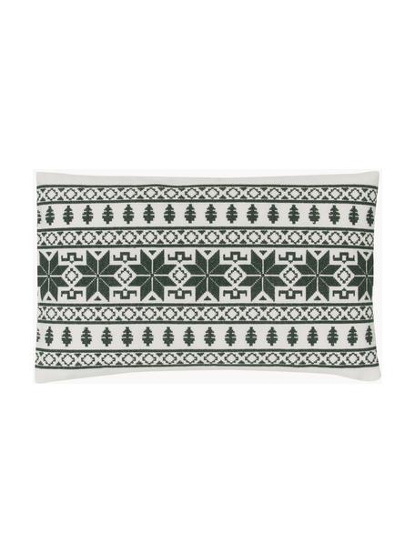 Geborduurde kussenhoes Orkney met Noors decoratief stiksel, 100% katoen, Groen, crèmewit, B 30 x L 50 cm