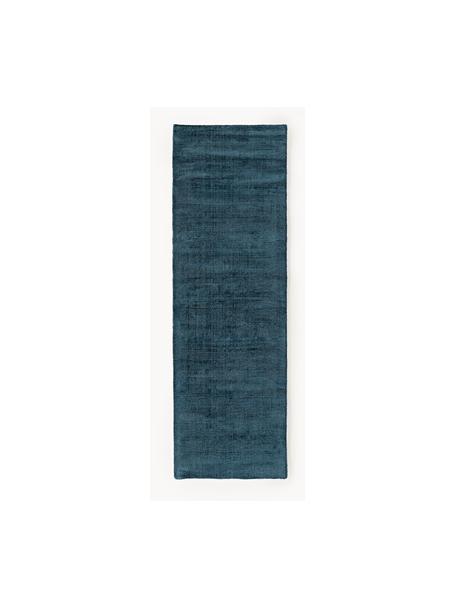 Handgeweven viscose loper Jane in donkerblauw, Bovenzijde: 100% viscose, Onderzijde: 100% katoen, Donkerblauw, B 80 cm x L 250 cm