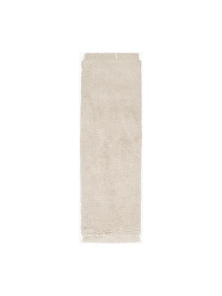 Zachte hoogpolige loper Dreamy met franjes, Onderzijde: 100% wol, gerecycled, Beige, B 80 x L 250 cm