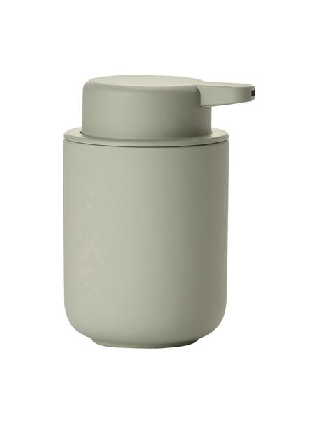 Distributeur de savon en grès à surface veloutée Omega, Vert eucalyptus, Ø 8 x haut. 13 cm