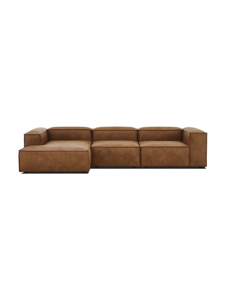 Sofá rinconera modular de cuero reciclado Lennon, Tapizado: cuero reciclado (70% cuer, Estructura: madera de pino maciza, ma, Patas: plástico Las patas están , Cuero marrón, An 327 x F 180 cm, chaise longue izquierda
