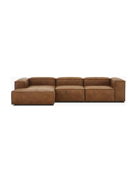 Modulaire hoekbank Lennon van gerecycled leer, Bekleding: gerecycled leer (70% leer, Frame: massief hout, multiplex, Poten: kunststof, Leer bruin, B 327 x D 180 cm, hoekdeel links