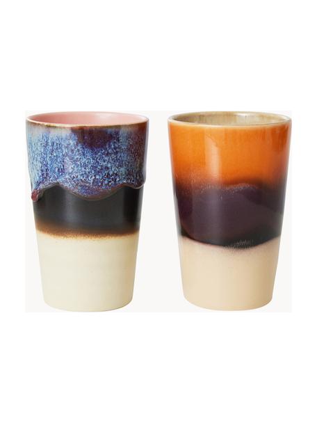 Tasses XL en céramique peintes à la main avec émail réactif 70s Ceramic, 2 élém., Céramique, Multicolore, Ø 9 x haut. 14 cm, 475 ml