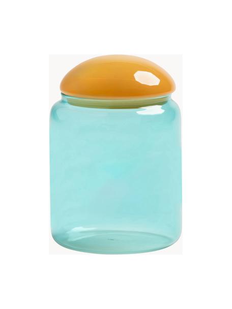 Ručně vyrobená dóza z borosilikátového skla Puffy, Borosilikátové sklo, Oranžová, tyrkysová, Ø 12 cm, V 18 cm