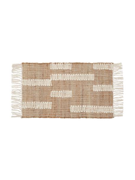Handgefertigte Jute-Fußmatte Kerala mit Fransen, 68 % Jute, 23 % Baumwolle, 9 % Wolle, Braun, Cremeweiß, B 50 x L 80 cm