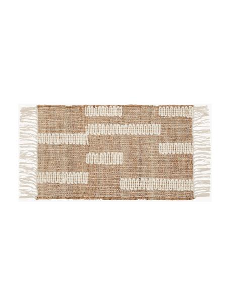 Zerbino in juta fatto a mano con frange Kerala, 68% juta, 23% cotone, 9% lana, Marrone, bianco crema, Larg. 50 x Lung. 80 cm