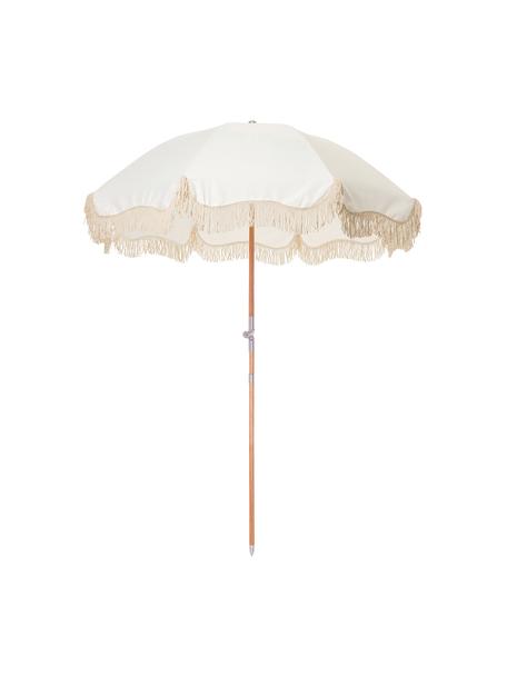 Beige parasol Retro met franjes, knikbaar, Frame: gelamineerd hout, Franjes: katoen, Gebroken wit, helder hout, Ø 180 x H 230 cm