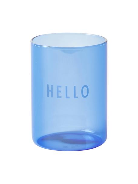 Bicchiere acqua blu di design con scritta Favorite HELLO, Vetro borosilicato, Blu trasparente, Ø 8 x Alt. 11 cm, 350 ml