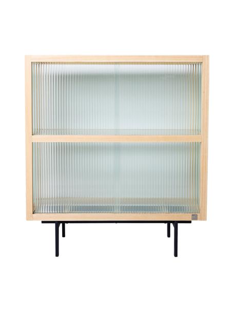 Highboard Oli met glazen schuifdeuren, Frame: essenhout, Poten: gepoedercoat metaal, Transparant, lichtbruin, zwart, B 80 x H 89 cm